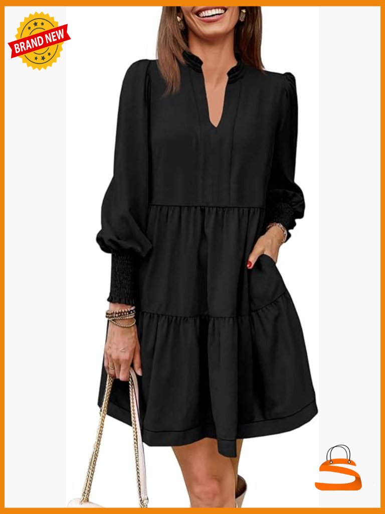 Long Sleeve V Neck Ruffle Tiered Tunic Dress Flowy Swing Casual